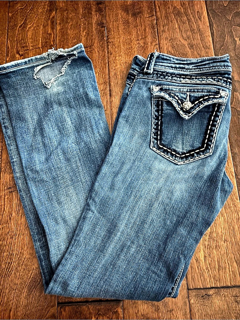 Miss Me Loose Saddle Stitch Border Bootcut Jeans Blue Waist 30